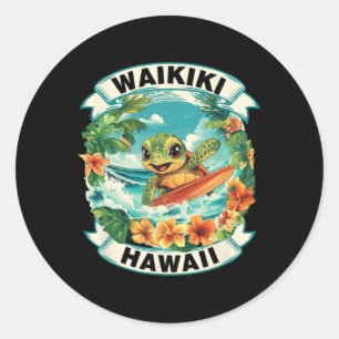 Sticker Rond Waikiki Hawaii Mignonne Tortue de Mer Surfant Vaca