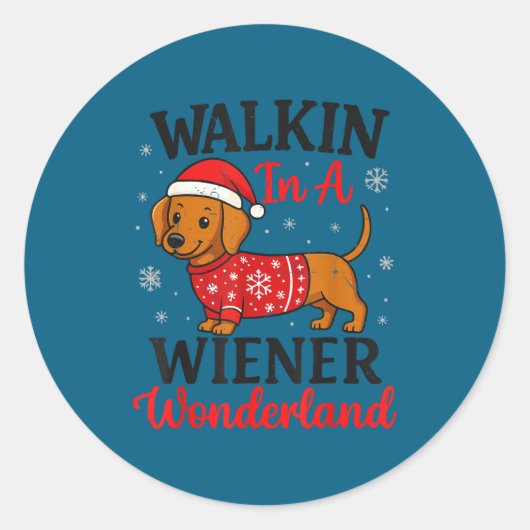 Sticker Rond Walking In Weiner Wonderland Mini Dachshund Christ (Devant)