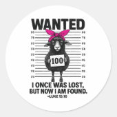 Sticker Rond Wanted I Once Was Lost Funny Sheep Quotes Jesus Ch (Devant)