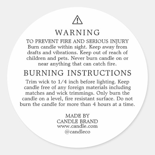 Sticker Rond Warning Burning Instructions Candle Label (Devant)