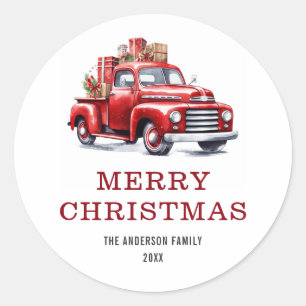 Sticker Rond Watercolo Joyeux Noël Rouge Camion Cadeaux Famille