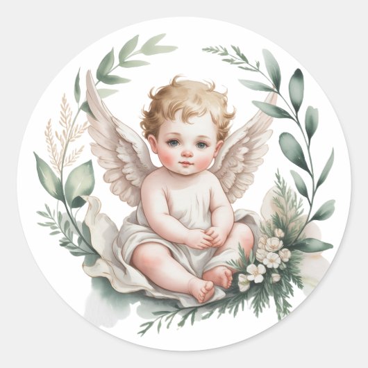 Sticker Rond Watercolor Angel Wings Baptism  (Devant)