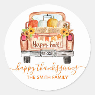 Sticker Rond Watercolor Automne Vintage Camion Thankesgiving