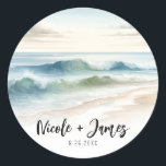 Sticker Rond Watercolor Beach Waves Rustic Coastal Mariage<br><div class="desc">customisez avec n'importe quel texte.</div>