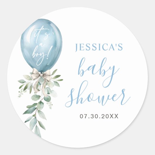 Sticker Rond Watercolor Blue Balloon Greenery Baby Shower (Devant)
