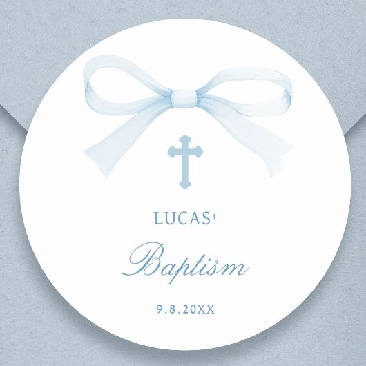 Sticker Rond Watercolor Blue Bow Baptism
