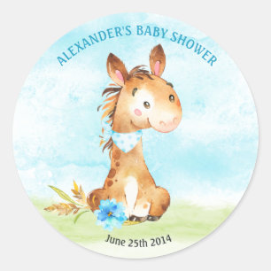 Sticker Rond Watercolor Boy Horse Baby shower Farm