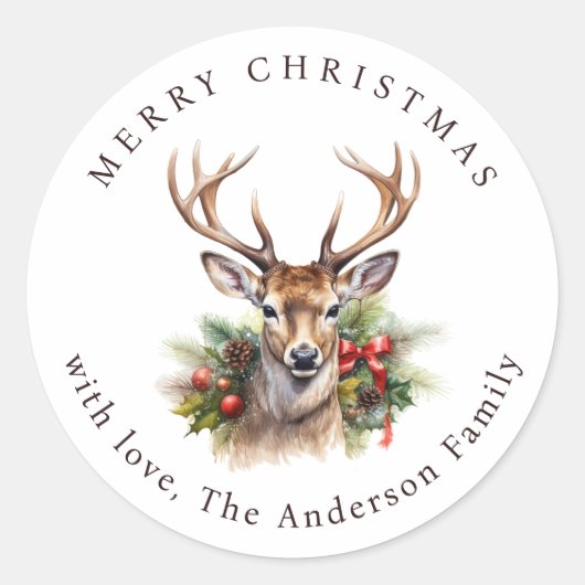 Sticker Rond Watercolor Buck Deer Botanical Christmas (Devant)