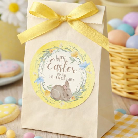 Sticker Rond Watercolor Bunny Spring Wildflowers Happy Easter
