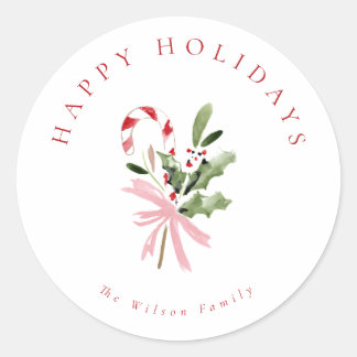 Sticker Rond Watercolor Candy Cane & Pink Bow Holiday
