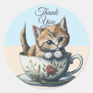 Sticker Rond Watercolor Chat ou Kitten dans un Teacup merci