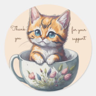 Sticker Rond Watercolor Chat ou Kitten dans un Teacup merci