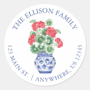 Sticker Rond Watercolor Chinoiserie Vase Red Geraniums Adresse