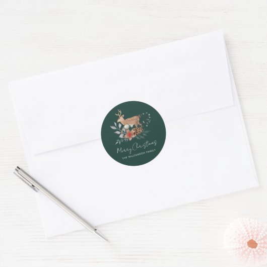 Sticker Rond Watercolor Christmas Botanical Deer Holiday (Enveloppe)