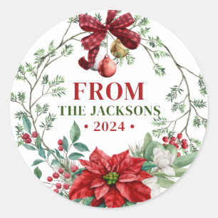 Sticker Rond Watercolor Christmas Wreath Nom de famille