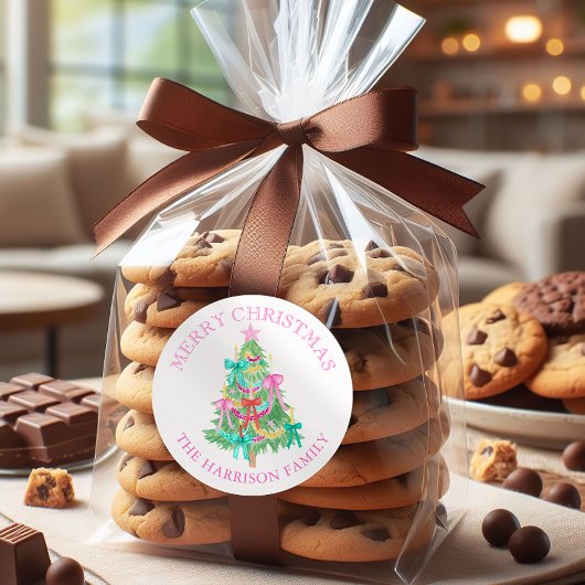 Sticker Rond Watercolor Coquette Bows Christmas Tree