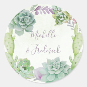 Sticker Rond Watercolor Desert Cactus Succulents Mariage