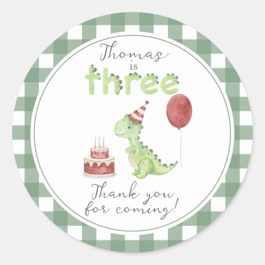 Sticker Rond Watercolor Dinosaur Three Birthday Thank you (Devant)