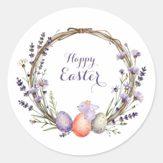 Sticker Rond Watercolor Easter Lavender Wreath Eggs Cute Bunny (Devant)