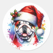 Sticker Rond Watercolor English Bulldog en Santa Hat (Devant)