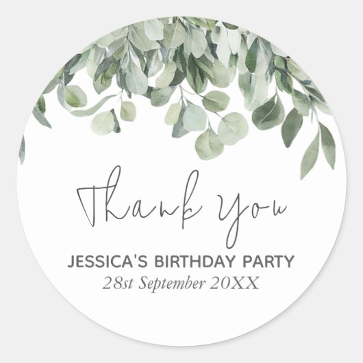 Sticker Rond Watercolor Eucalyptus Greenery Birthday Thank You (Devant)