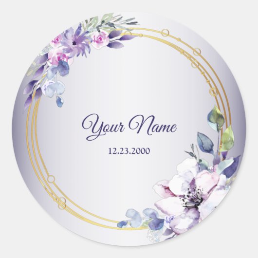 Sticker Rond Watercolor Floral Geometric Golden Purple Wedding (Devant)