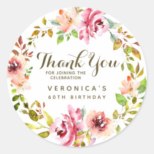 Sticker Rond Watercolor Floral Wreath 60e anniversaire Merci