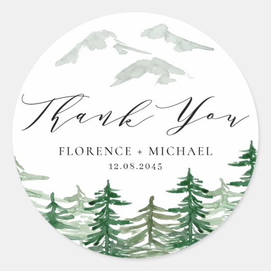 Sticker Rond Watercolor Forest Woodland Wedding Thank You (Devant)
