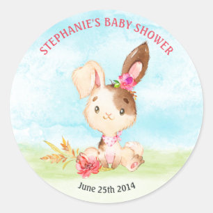 Sticker Rond Watercolor Girl Bunny Baby shower ferme