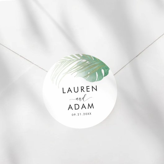 Sticker Rond Watercolor Green Palm Leaf Wedding Favor 