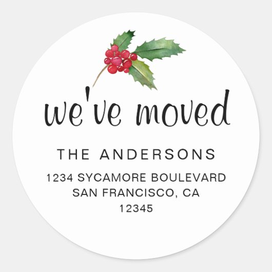 Sticker Rond Watercolor Holly Holiday We’ve Moved (Devant)