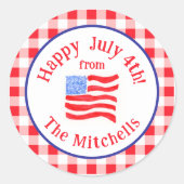 Sticker Rond Watercolor July 4th Flag Red Check NAME (Devant)