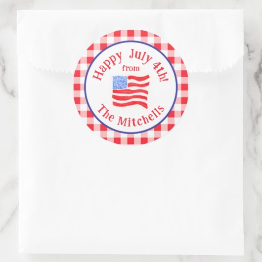 Sticker Rond Watercolor July 4th Flag Red Check NAME (Sac)