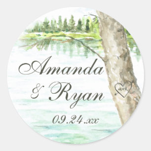 Sticker Rond Watercolor Lake et Carve Tree Heart