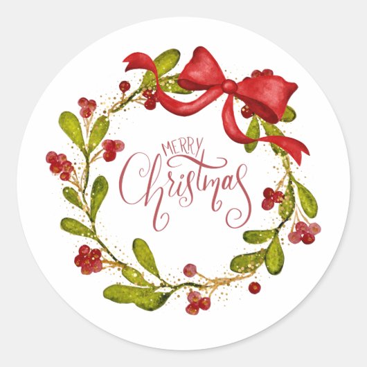 Sticker Rond Watercolor Mistletoe Wreath with Bow (Devant)
