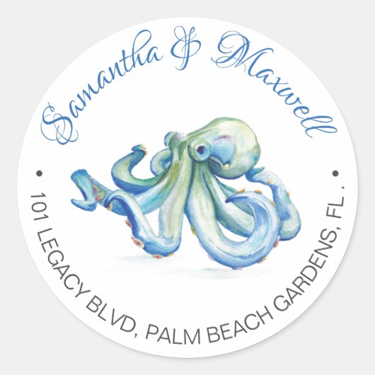 Sticker Rond Watercolor Octopus Beach Wedding Adresse de retour (Devant)