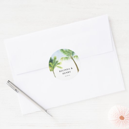 Sticker Rond Watercolor Palm Tree Beach Wedding (Enveloppe)