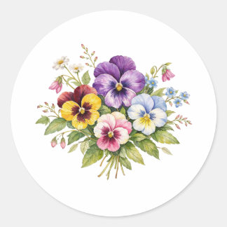 Sticker Rond Watercolor Pansy Flowers Bouquet 