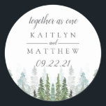 Sticker Rond Watercolor Pine Tree Forest Wedding Enregistrer La<br><div class="desc">Célébrez en style avec ces mariage chic et très tendance enregistrer les autocollants de date. Ce design est facile à personnaliser avec votre libellé d'événement spécial et vos invités seront ravis quand ils reçoivent ces fabuleux autocollants.</div>