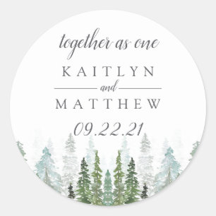 Sticker Rond Watercolor Pine Tree Forest Wedding Enregistrer La