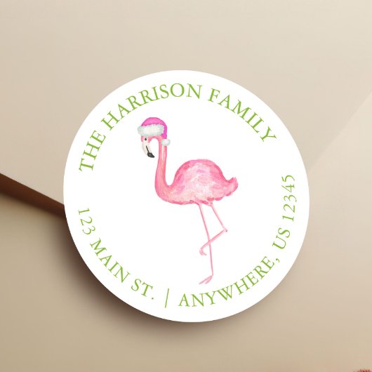 Sticker Rond Watercolor Pink Flamingo Christmas Gift Address