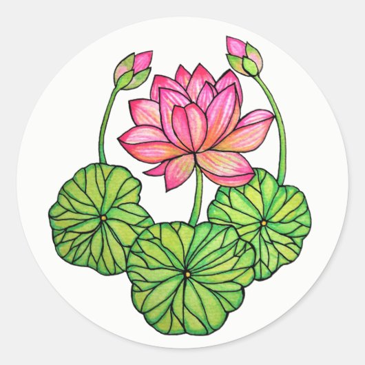 Sticker Rond Watercolor Pink Lotus with Buds & Leaves (Devant)
