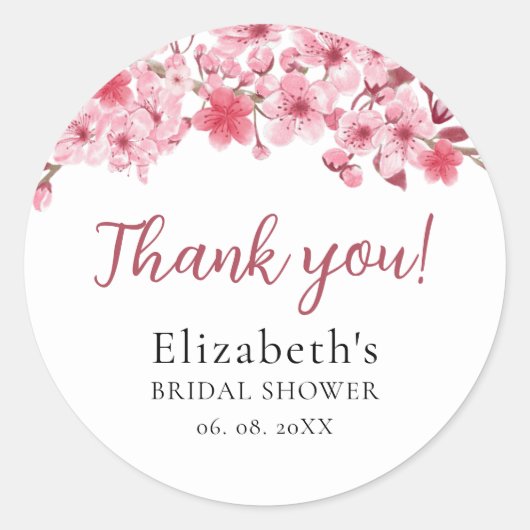 Sticker Rond Watercolor Pink Sakura Flowers, Bridal Shower (Devant)