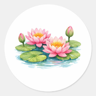 Sticker Rond Watercolor Pink Water Lilies and Lily Pads 