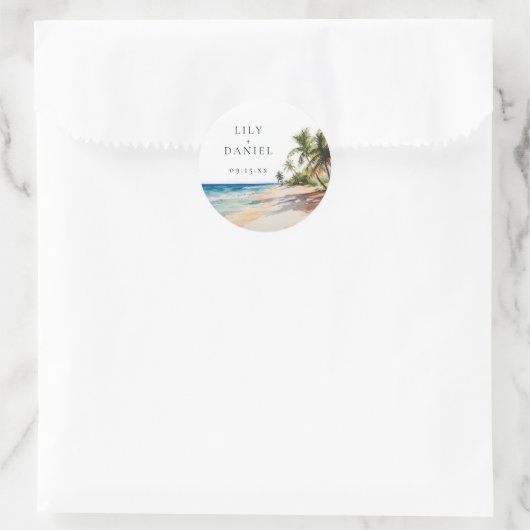 Sticker Rond Watercolor Plage tropicale Destination Mariage (Sac)