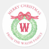 Sticker Rond Watercolor Polka Dot Bow Monogram Wreath (Devant)