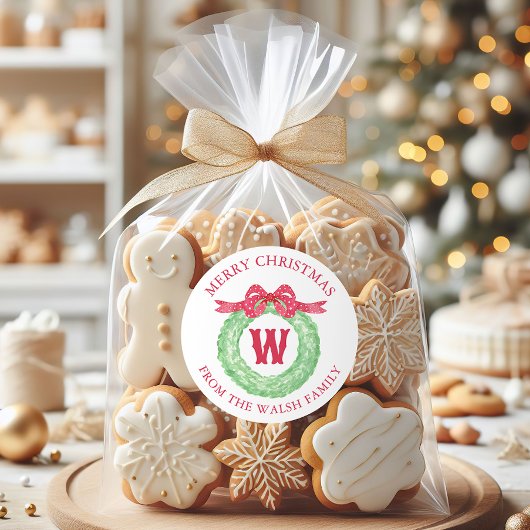 Sticker Rond Watercolor Polka Dot Bow Monogram Wreath