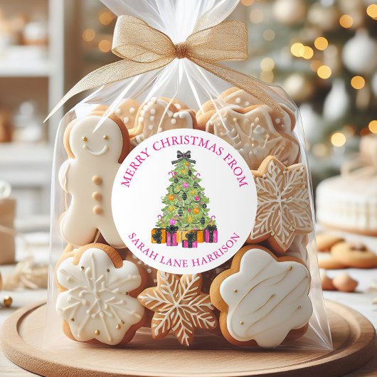 Sticker Rond Watercolor Preppy Bright Christmas Tree Address