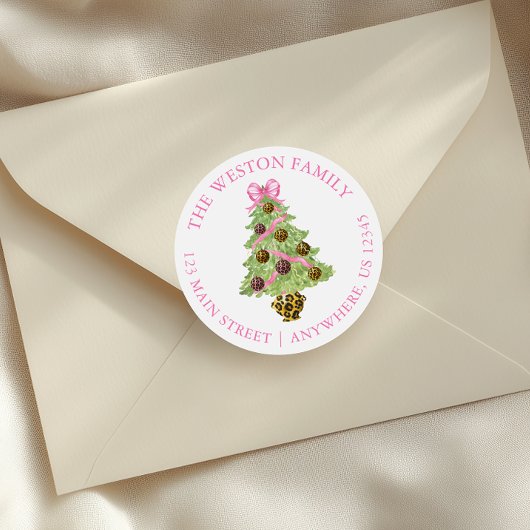 Sticker Rond Watercolor Preppy Leopard Christmas Tree Address