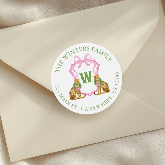 Sticker Rond Watercolor Preppy Leopard Monogram Crest